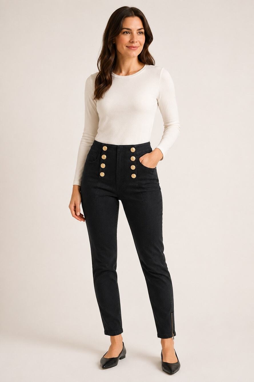 J. McLaughlin Black Sailor Pants Women’s 6 Gold Lion Buttons Skinny Ankle Zip